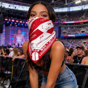 Peut inclure: Un bandana rouge et blanc couvrant le bas du visage, avec du texte et des graphiques. Le bandana comporte les mots "J-HOPE", "RM", "JIN" et "SHOP". Le motif comprend des rayures et une bordure avec du texte. Le bandana est port&eacute; par une personne.