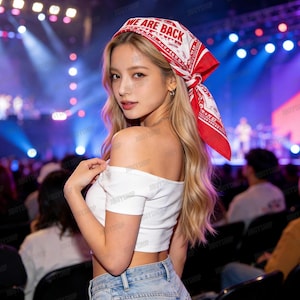 Peut inclure: Une femme porte un bandana rouge et blanc avec le texte "WE ARE BACK" et un haut court blanc &agrave; &eacute;paules d&eacute;nud&eacute;es. L'arri&egrave;re-plan est une salle de concert avec des lumi&egrave;res de sc&egrave;ne et un public.