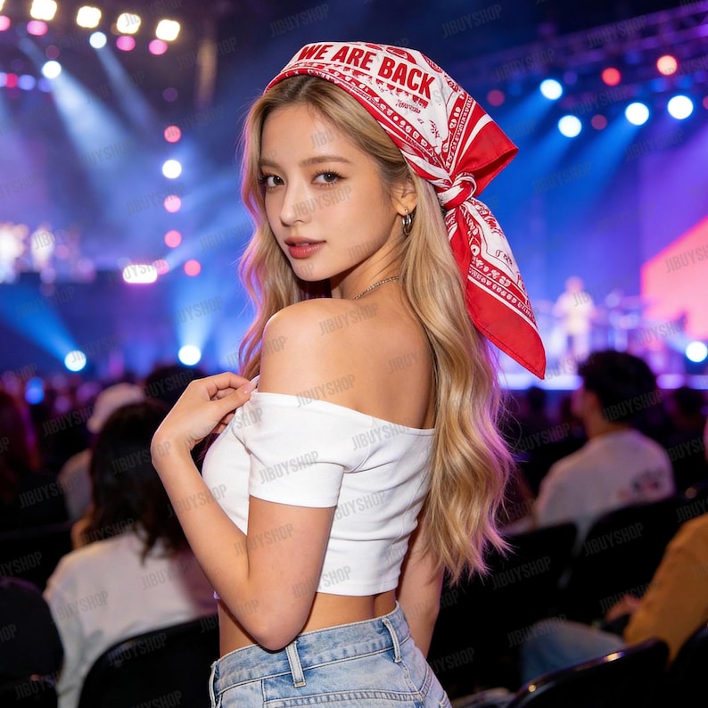 Peut inclure: Une femme porte un bandana rouge et blanc avec le texte "WE ARE BACK" et un haut court blanc &agrave; &eacute;paules d&eacute;nud&eacute;es. L'arri&egrave;re-plan est une salle de concert avec des lumi&egrave;res de sc&egrave;ne et un public.