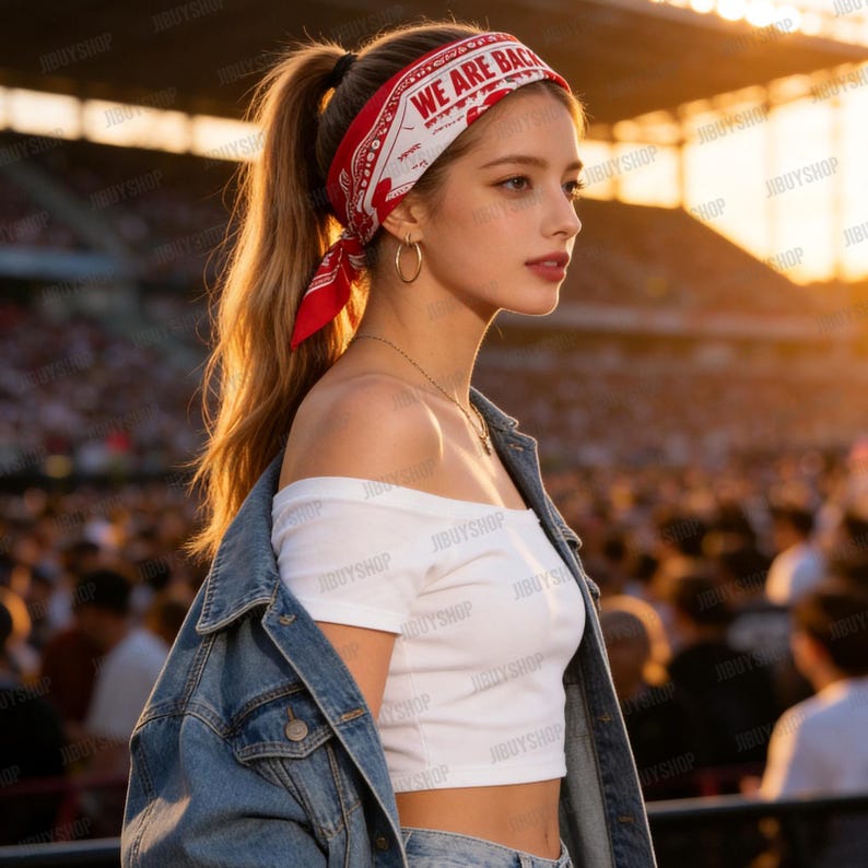 Peut inclure: Un bandana rouge et blanc avec le texte "WE ARE BACK" port&eacute; en bandeau. La personne porte un haut blanc &eacute;paules nues et une veste en jean. Des cr&eacute;oles dor&eacute;es et un collier sont &eacute;galement visibles.