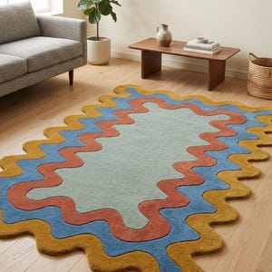 Handgetuft wollen vloerkleed | Retro golvende geschulpte rand, op jaren 70 geïnspireerd pluche decor