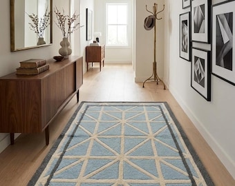 Himmelsblå geometrisk gittermatta, modern kustmatta i ull från mitten av århundradet