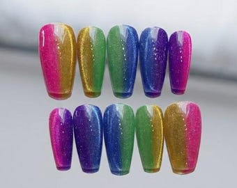 Rainbow Glitter Ombre Press On Nails, Handmade Festival in Sparkly Gradient Fake Nails Design, Colorful Reusable Almond Shape for Party