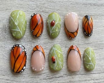Hand-Painted Ladybug Green Leaf Press On Nails, Monarch Butterfly Fake Nail Design, Handmade Nature Inspired Manicure in Almond Shape