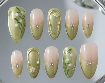 Spring Green Press On Nails with Floral & Gold Line Art, Soft Ombre Fake Nails in Almond, Handmade Elegant Nail Style for Holiday Party