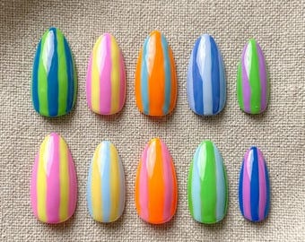 Colorful Rainbow Press On Nails, Bright Vertical Stripes Multi Color Pastel False Nails, Summer Beach Holiday Vibrant Gift for Her