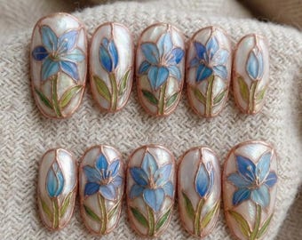 Blue Stained Glass Floral Press On Nails, Hand Painted Vintage Lily Nail Art, Botanical Manicure Elegant Almond Press Ons For Party