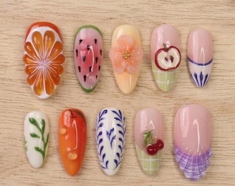Summer Press on Nails with Fruit & Floral Accents, Handmade Fake Nails in Medium Almond, Fun Nail Art for Vacation, Beach Day or Gift
