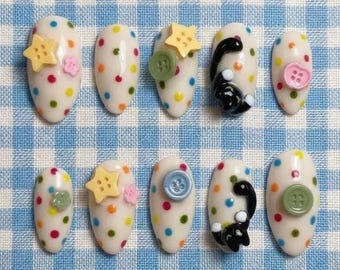 3D Black Cat & Buttons Press On Nails, Kidcore Craft in Medium Almond Fake Nails Design, Kawaii Handmade Nail Art For Party Holiday