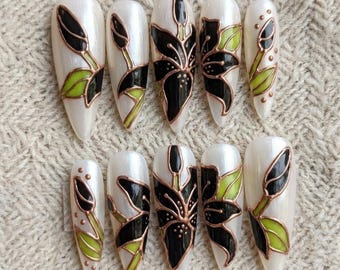 Handmade Art Nouveau Lily Press On Nails, Iridescent Black Rose Gold Floral Manicure, Elegant Reusable Almond Fake Nails For Party