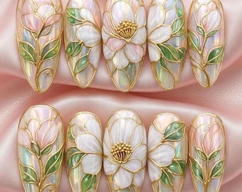 Handmade Floral Stained Glass Press On Nails, Elegant Bridal Almond Fake Nails, Luxury Wedding Nail Art, Iridescent Flower Manicure