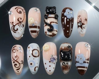 3D Tuxedo Black Cat Press On Nails, Kawaii Chocolate Cafe Fake Nails Design, Sweet Blue Flower Ribbon Bow Mismatched Coquette Art
