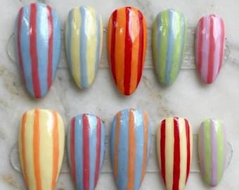 Pastel Colorful Striped Press On Nails, Retro Candy Color Fake Nail Art Design, Rainbow Stripe Manicure Style in Almond Shape for Summer