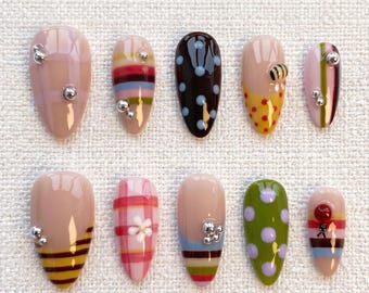Cute Summer Press On Nails, Colorful Stripe & Polka Dot Almond Nails, 3D Bee Ladybug Nail Art Set, Handmade Reusable Nails for Holiday