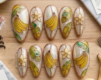 Hand Painted Banana Stained Glass Press On Nails, Rose Gold Leaf & Flower Fake Nails Design, Tropical Summer Fruit Set in Almond for Holiday