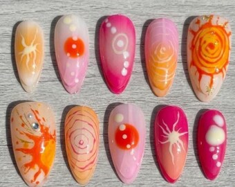 Golden Sun Press On Nails, Vibrant Summer Swirl with Pink Freestyle Design, Hand Painted Custom Almond Fake Nail, Handmade Reusable Glue On