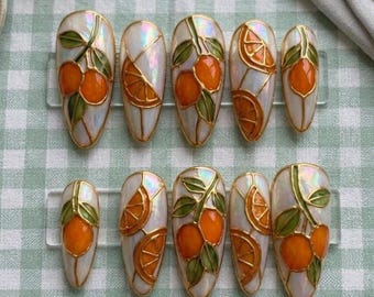 3D Orange Citrus Stained Glass Press On Nails, Mediterranean Summer Vacation Style, Handmade Fruit Gel Manicure  Almond Fake Nails