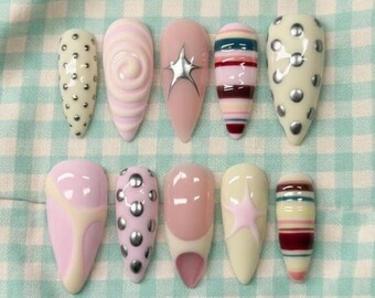 Polka Dot Press On Nails, Pastel Y2K Nail Art with Swirl Chrome Design, Luxury Reusable Fake Nails in Almond Shape for Party