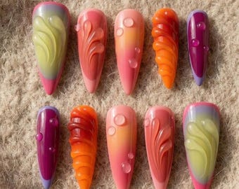 Vibrant Colorful Summer Aura Press On Nails, Handmade Rainbow Ombre Gel Fake Nails Design, Reusable Glossy in  Almond for Holiday Party