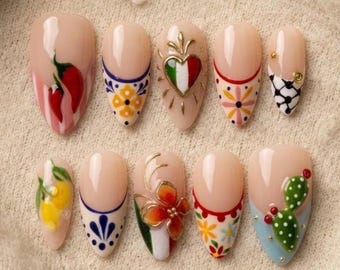 Mexican Folk Art Press On Nails, Chili Pepper Lemon Cactus And Sacred Heart Design, Almond Fake Nails with Colorful Handmade Summer Nail