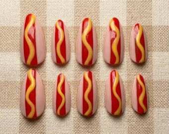 Hot Dog with Toppings Press On Nails, Handmade Kawaii Fast Food Manicure Novelty Almond