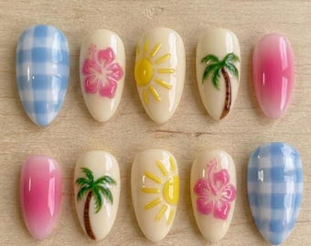 Palm Tree Tropical Hibiscus Press On Nails, Summer Beach Sun & Checkered Design, Blue Gingham Plaid 3D Fake Nails for Vacation