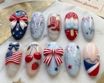 Handmade 4th of July Nails Press On Nails, USA Flag Cherry Popsicle Bow Fake Nail, Luxury Elegant Summer Party Gift for Independence Day