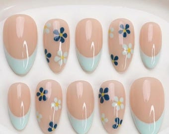 Minimal Press on Nails Blue Floral with Mint French Tip, Everyday Fake Nail Arts in Short Almond, Handmade Nail Art for Holiday, Birthday