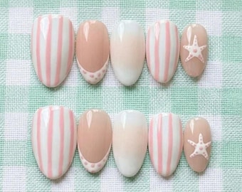 Coastal Stripe Press On Nails, Pink Beach Nail Art Design, Minimalist Starfish Manicure Style Soft Summer Pastel in Almond Handmade Nails