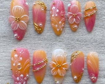 Summer Flower Press On Nails, Pink Orange Ombre Nails, 3D Floral Pearl Gold Nail Set, Vacation Beach Nail Art, Unique Aesthetic Gift Set