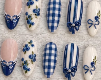 Blueberry Gingham Press On Nails, Blue Bow Pearl Almond Nails, Cute Summer Cottagecore Fruit Nail Art Set, Handmade Unique Gift for Vacation