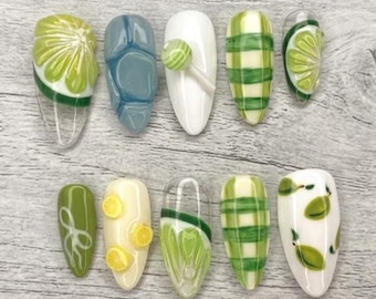 Hand-Painted Citrus and Plaid Press On Nails, Green and White Lemon Lime with Checkered Fake Nail Design in Almond, Holiday Summer Gift