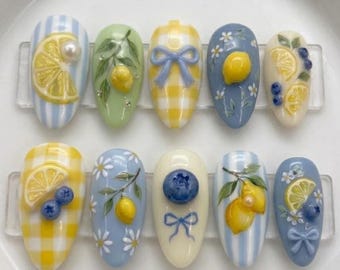 3D Lemon Blueberry Press On Nails, Cottagecore Citrus Manicure Fruit Fake Nail Art, Gingham Bow with Checkered Design in Almond for Party