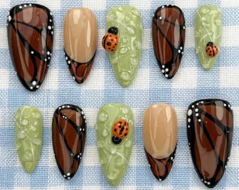 Monarch in Bloom Press On Nails, Butterfly & Bug Inspired with Green And Brown Nail Art Design, Spring Nature Style for Summer Party
