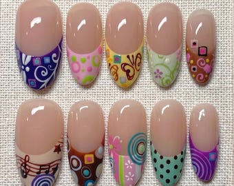Luxury Hand Painted Press On Nails, Mix Match Pattern French Tip Fake Nails, Colorful Butterfly Music Note Floral Glue On Nails for Party