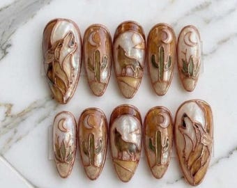 3D Stained Glass Wolf Cactus Press On Nails, Western Boho Desert False Nails Design, Handmade Southwest Manicure with Almond for Holiday