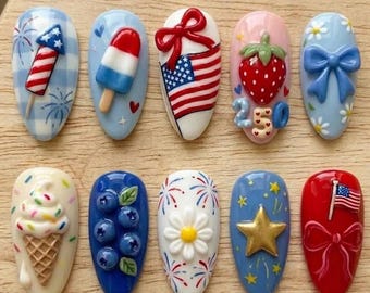 USA Summer 4 of July Press On Nails, 3D Popsicle Ice Cream Strawberry Bow Flag Star Fake Nails Design, Gift For Independence Day