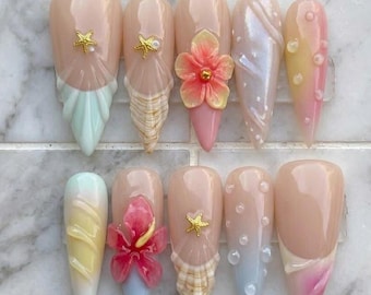 Handmade Coastal Bloom Summer Press On Nails, 3D Floral Shell Starfish Nail Art Design, Pastel Beach Manicure for Summer Vacation