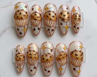 Stained Glass Muffin Press On Nails, 3D Rose Gold Cupcake Dessert Design, Handmade Bakery Manicure Reusable Almond Fake Nails