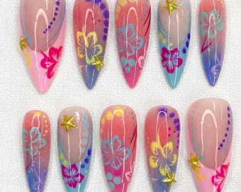 Summer Beach Flower Press On Nails, Tropical Vacation Nail Set, Bright Hibiscus Floral Stiletto Nails, Colorful Island Nail Art for Party