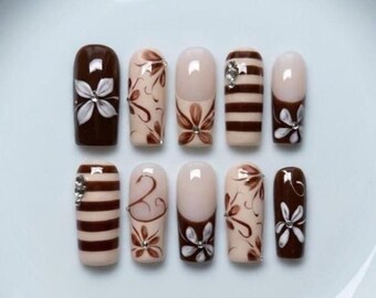 Espresso Brown Floral Press On Nails, 3D Flower Striped with Rhinestone Manicure Design, Handmade Reusable Almond Fake Nails