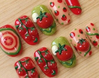 3D Red Tomato Garden Press On Nails, Handmade Tomatoes& Leaf Nail Art Design, Cottagecore Veggie Manicure Style, Kawaii Summer in Short Oval