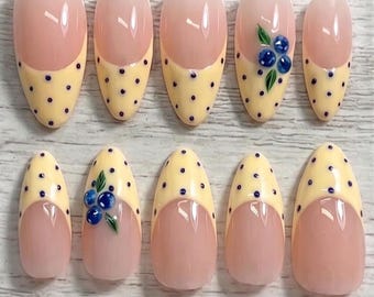 Blueberry Polka Dot Press On Nails, Yellow French Tip Almond Nails, Cute Cottagecore Fruit Nail Art Set, Custom Summer Nails for Holiday
