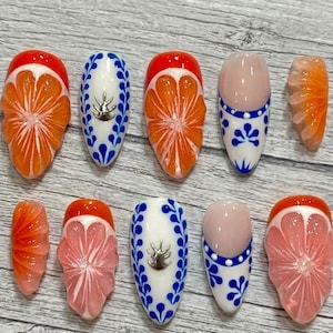 Mediterranean Summer Fruit Citrus Press On Nails, 3D Orange Grapefruit Fake Nails Design, Blue White Ceramic Inspired Manicure