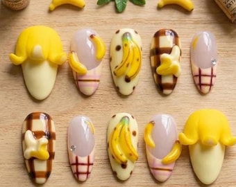 3D Banana & Chocolate Plaid Press On Nails Yellow Gingham Mismatched Food Art, Kawaii Fruit Fake Nails in Almond for Holiday Party