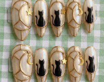 Celestial Stained Glass Cat Press On Nails, Handcrafted 3D Moon & Star Fake Nails Design, Iridescent Feline Manicure in Almond for Party