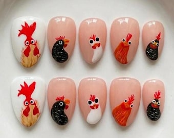 Funny Rooster Press On Nails, Hand Painted Kawaii Chicken Nail Art Design, Farmhouse Inspired Country Manicure Nails