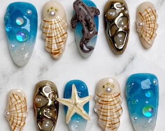 Luxury Ocean Press On Nails, 3D Shark Starfish Sea Shell Fake Nails Blue Marine Life Beach Glue On Nails, Summer Vacation Nails for Party