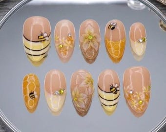 Summer Press On Nails with Bee, Honeycomb & 3D Flower in Medium Almond Fake Nails Design, Handmade Nail Art for Holiday Party