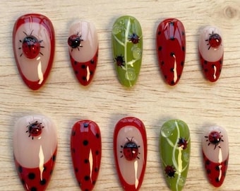 Handmade Ladybug French Tip Press On Nails, 3D Ladybird Nail Art with Nature Inspired Green Leaf & Red Polka Dot Design